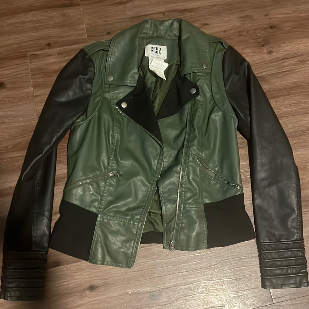 Olive and black leather jacket